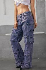 Belted Detail Flap Pocket Straight Leg Cargo Jeans