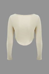 Square Neck Twist Front Crop Rib Knit Long Sleeve Top