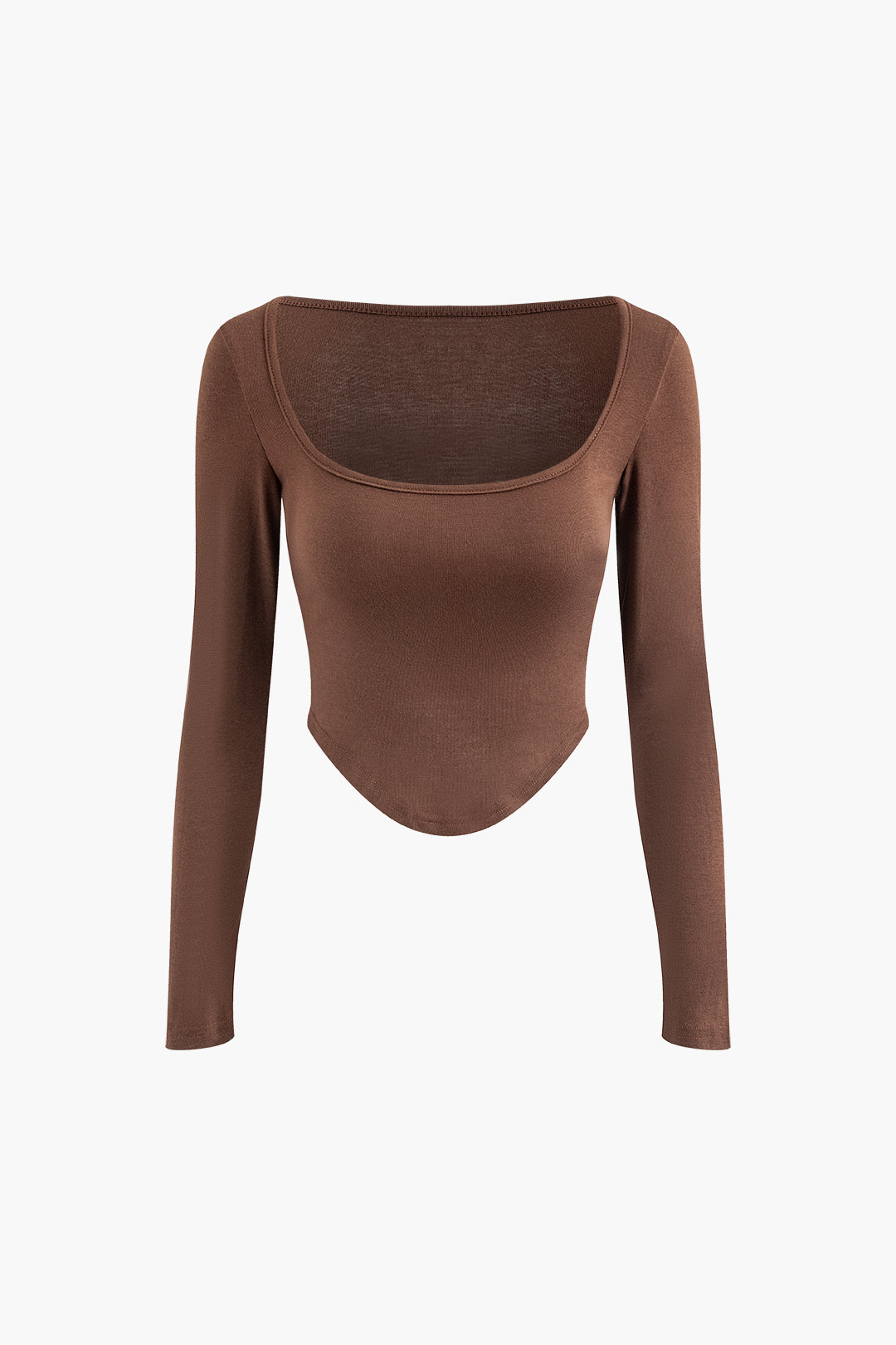 Solid Square Neck Curve Hem Long Sleeve Top