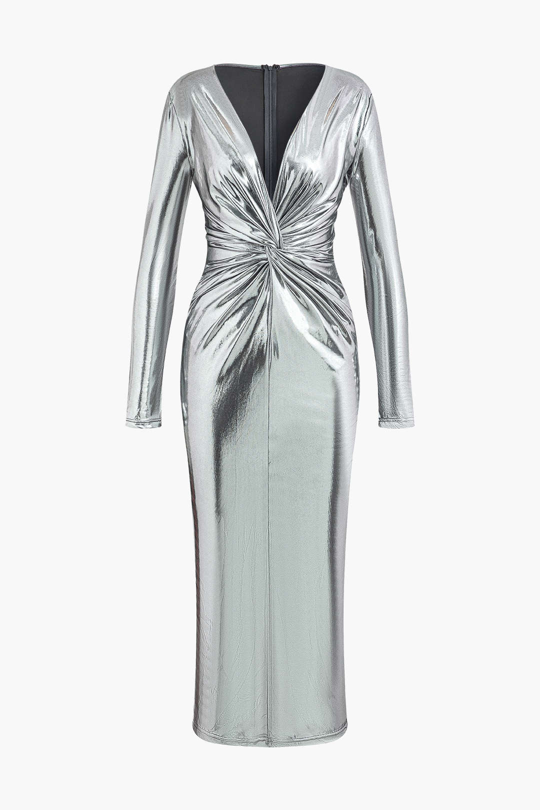 Metallic Twist Ruched V-neck Zipper Long Sleeve Midi Dress