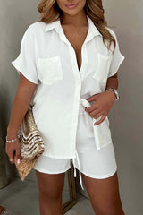 Solid Short Sleeve Blouse And Drawstring Shorts Set