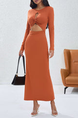 Solid Twist Cut Out Long Sleeve Maxi Dress