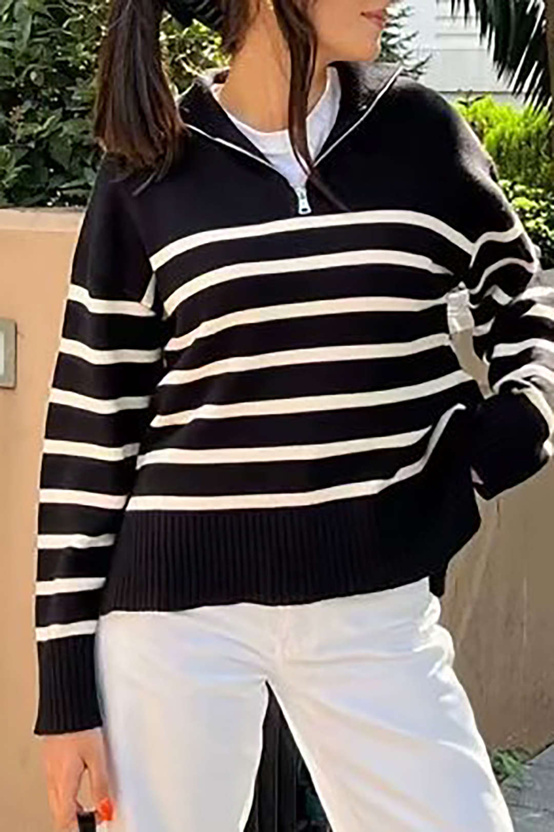 Stripe Half Zipper Lapel Sweater