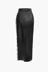 Faux Leather High Waist Lace Trim Slit Skirt