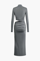 Mock Neck Cut Out Ruched Long Sleeve Midi Dress