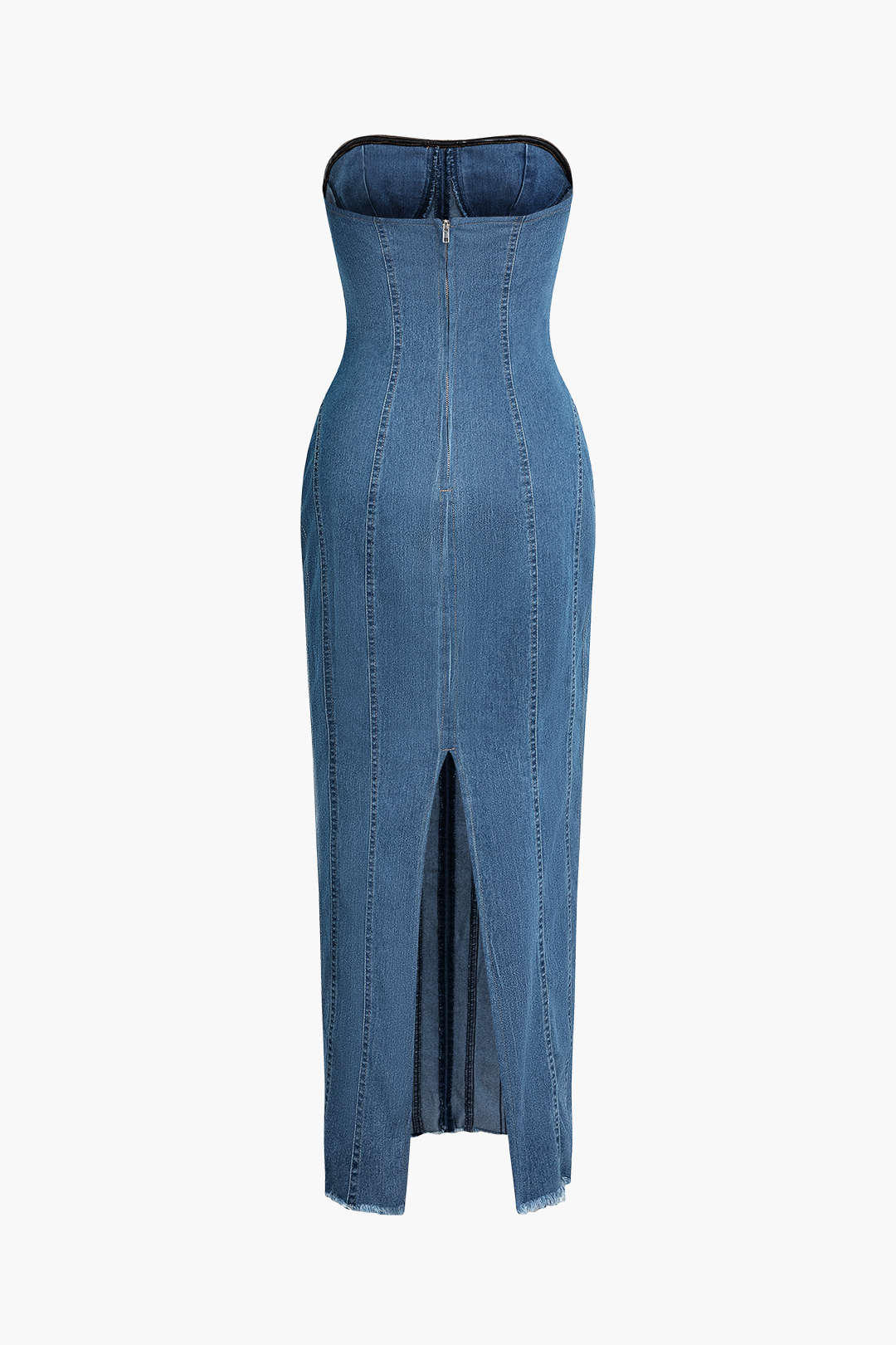 Seam Detail Zipper Slit Denim Strapless Maxi Dress