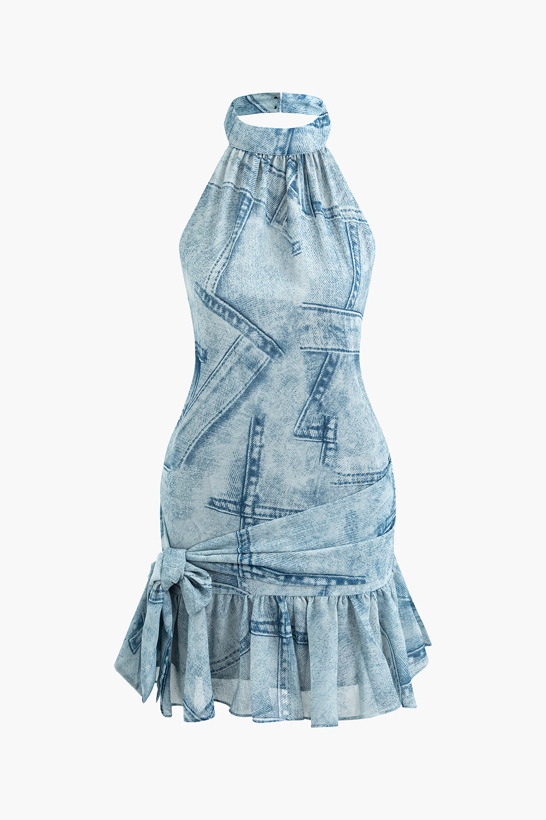 Denim Pattern Halter Knot Pleated Mini Dress