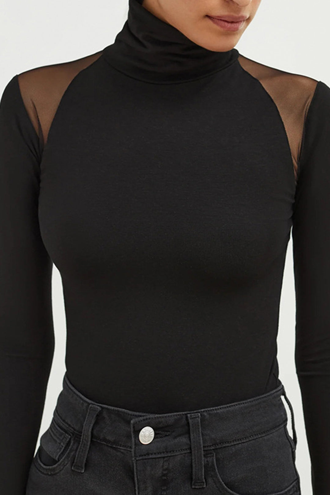 Turtleneck Mesh Paneled Long Sleeve Bodysuit