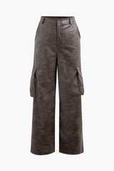 Faux Leather Flap Pocket Straight Leg Cargo Pants