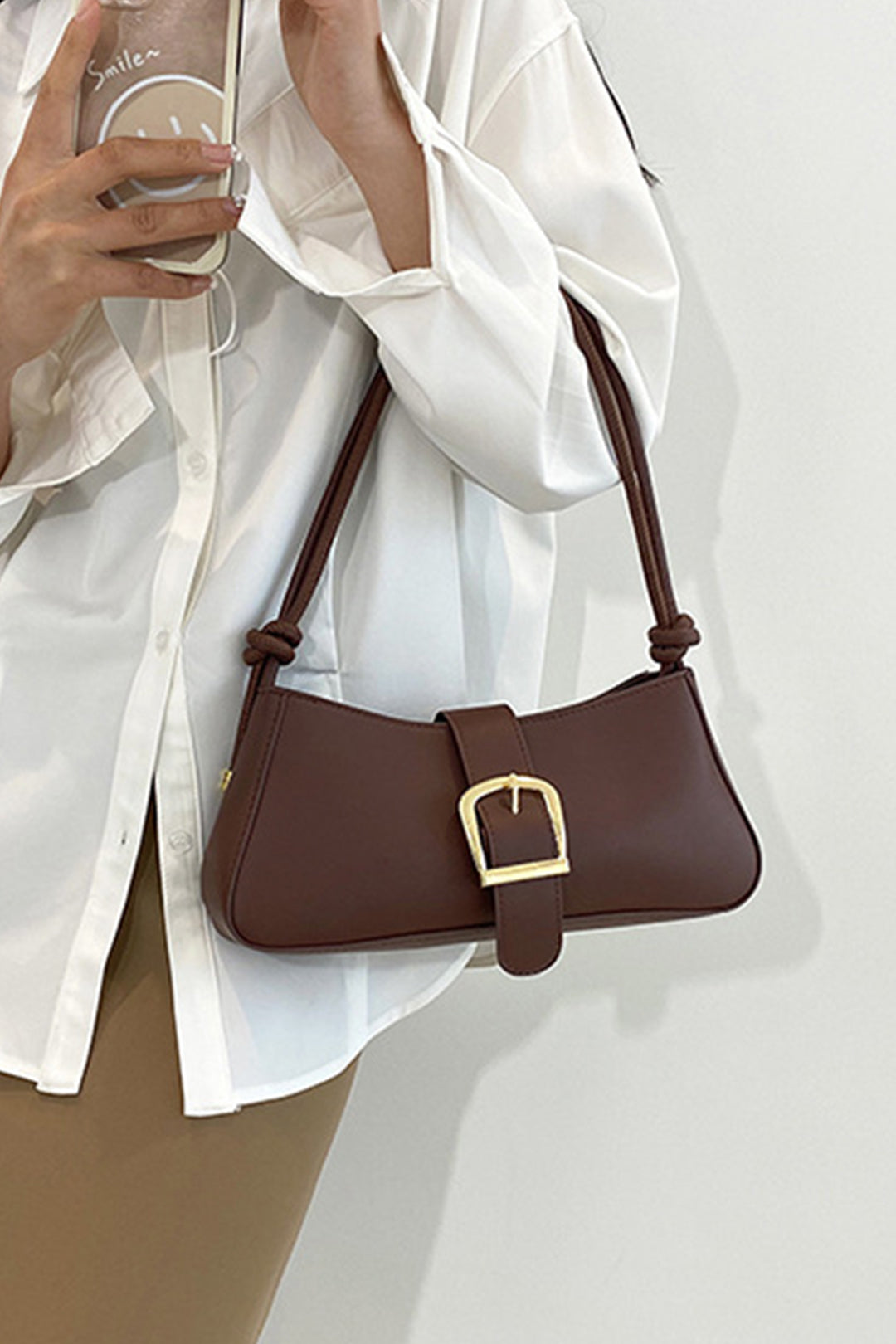 Faux Leather Belted Shoulder Bag