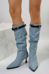 Denim Belt Detail Pointed-toe Mid-calf Boots