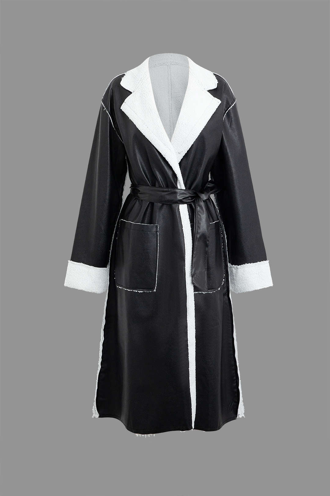 Faux Leather Fleece Notched Lapel Long Sleeve Coat