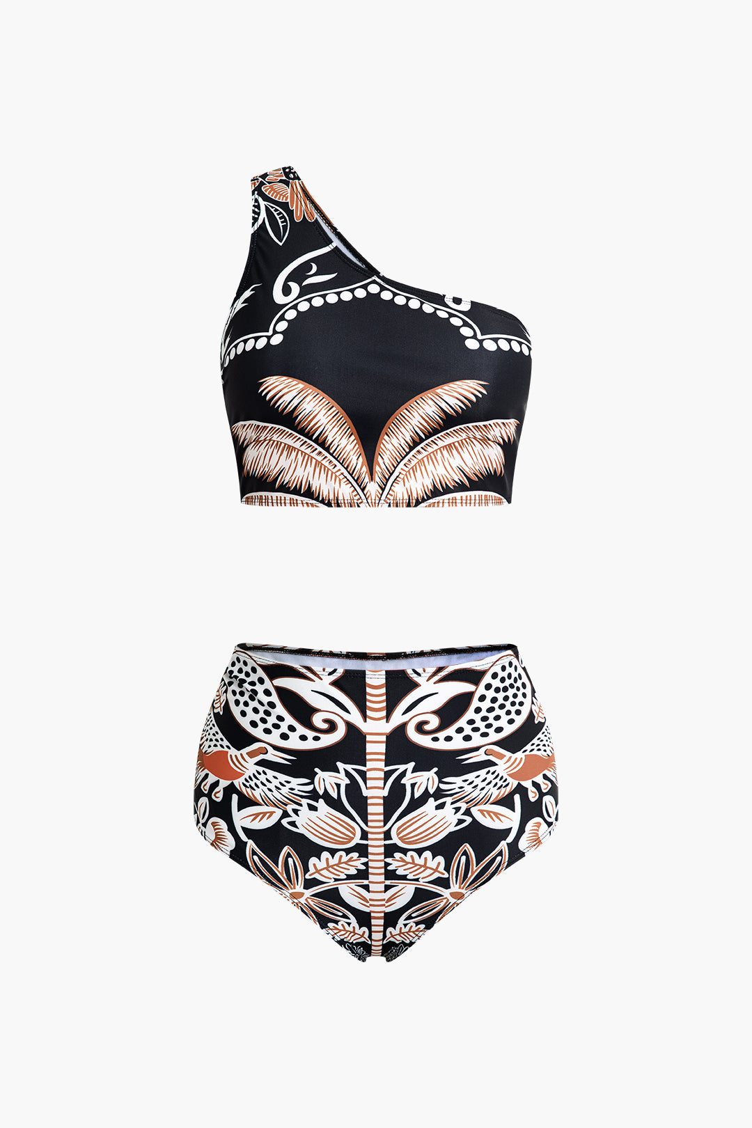 Coconut Tree Print One Shoulder Swimsuit Set