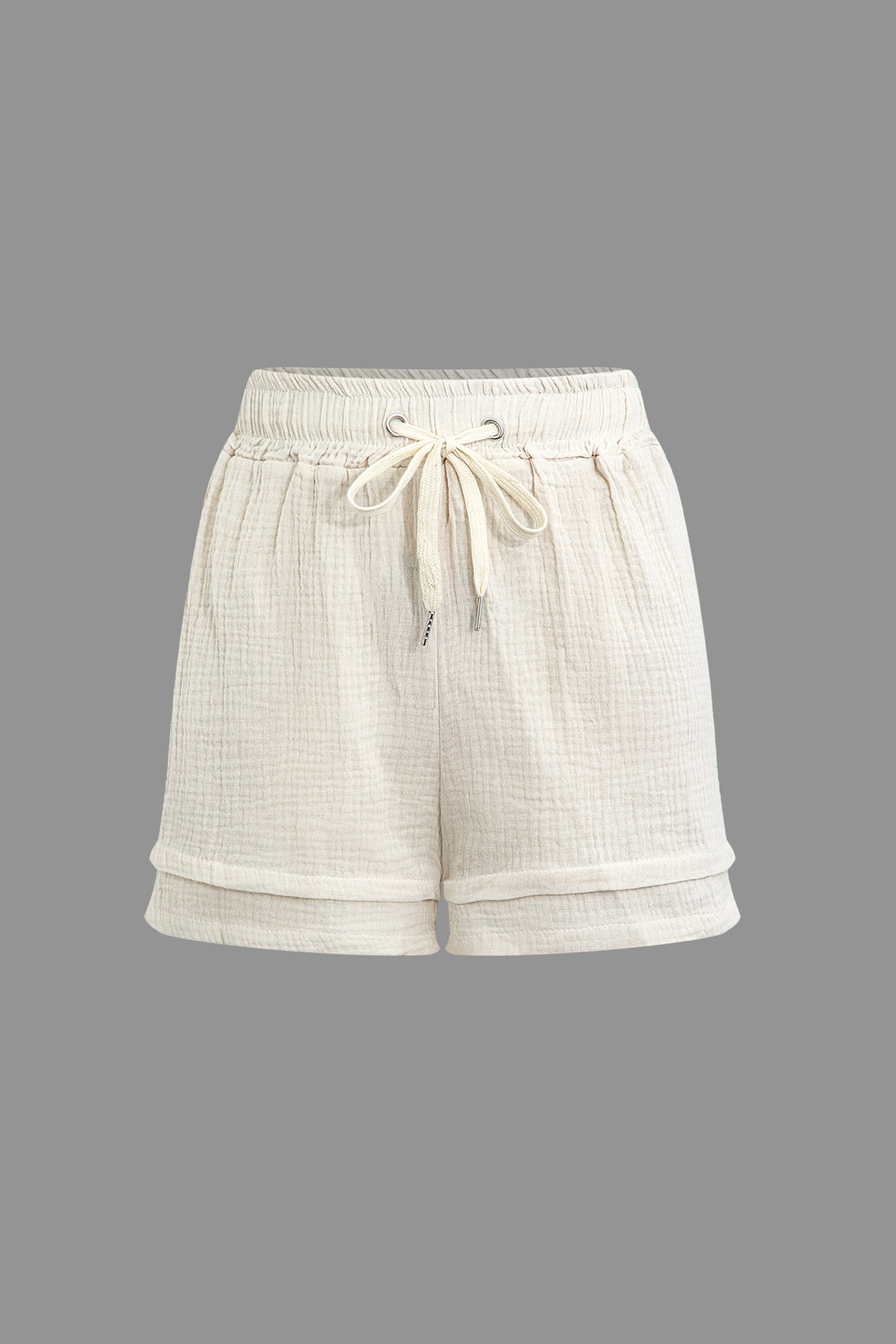 Textured Button Shirt And Drawstring Waist Shorts Set