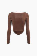 Solid Square Neck Curve Hem Long Sleeve Top