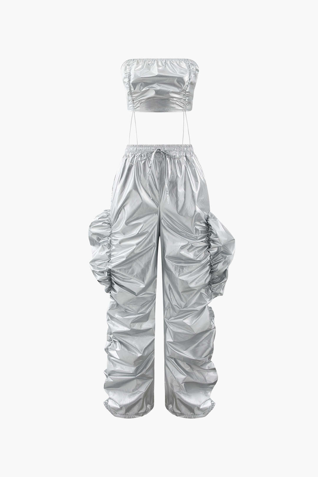 Metallic Drawstring Tube Top And Gathered Wide Leg Pants