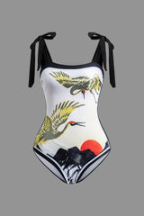 Chinoserie Pattern Knot Bodysuit And Skirt Swimsuit Set