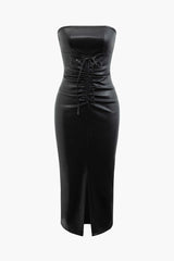 Faux Leather Strapless Drawstring Split Midi Dress