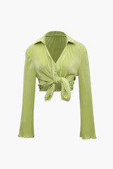 Pleated V-neck Long Sleeve Shirt