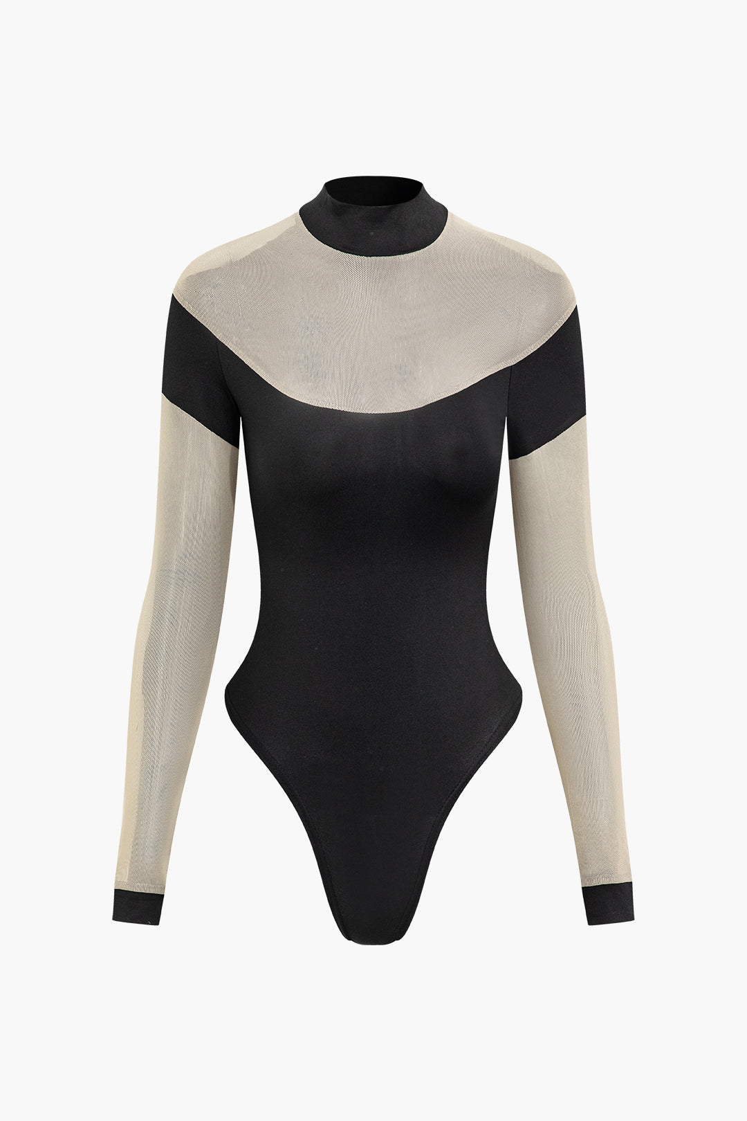 Patchwork Mesh Mock Neck Long Sleeve Bodysuit