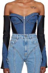 Contrast Denim Zip Up Off Shoulder Long Sleeve Bodysuit