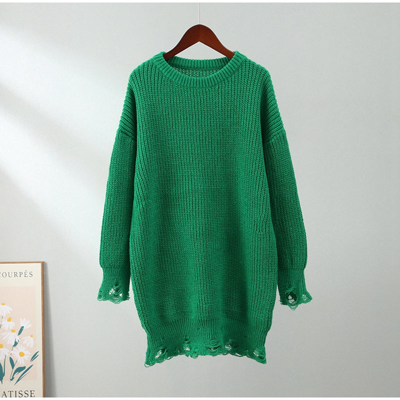 Cindy Ripped Crew Neck Long Sleeve Women Knit Sweater