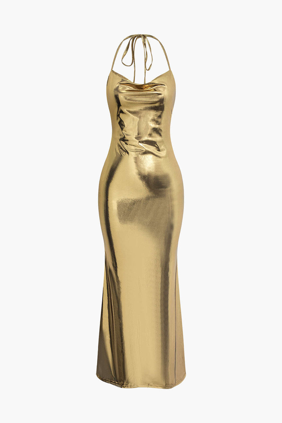 Metallic Backless Cowl Neck Maxi Dress