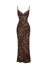 Mesh Sheer Leopard Print Bodycon Maxi Dress