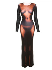 3D Body Print Bodycon Maxi Dress