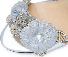 Floral Embellished Silver Women's Evening Chunky Shoes