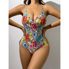 Camille Sexy Floral Printed V Neck One Piece Swimsuit