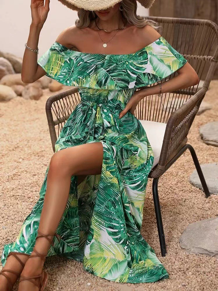 Backless Off Shoulder Slit Boho Maxi Dress